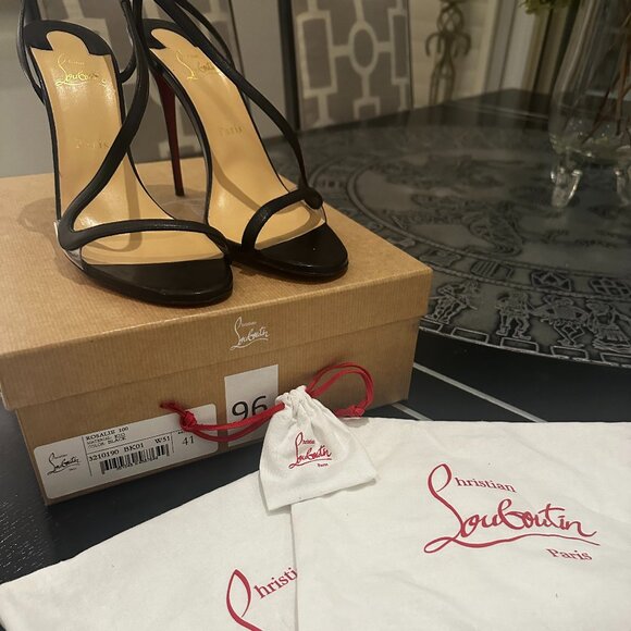 Louboutin Rosalie Black Leather -100 mm Sandals - Women - Picture 1 of 14